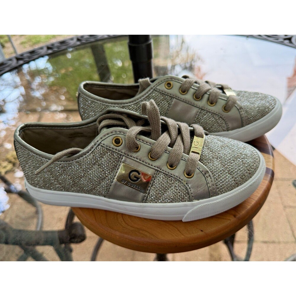 G by GUESS GG Backer3 Womens Silver Glitter Logo Low Top Lace Up Sneakers